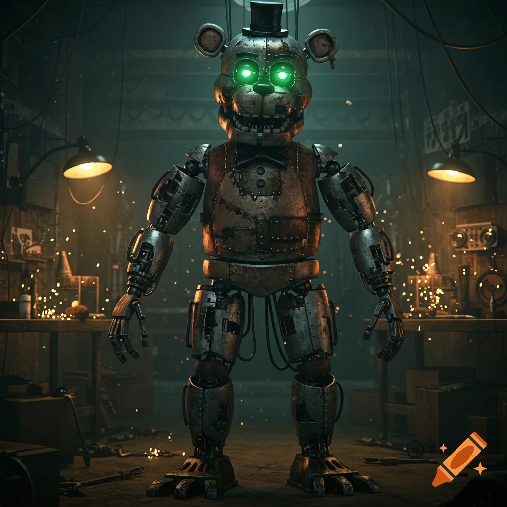 An old, rusty animatronic bear with glowing green eyes stands in a dark, industrial workshop with sparks flying.