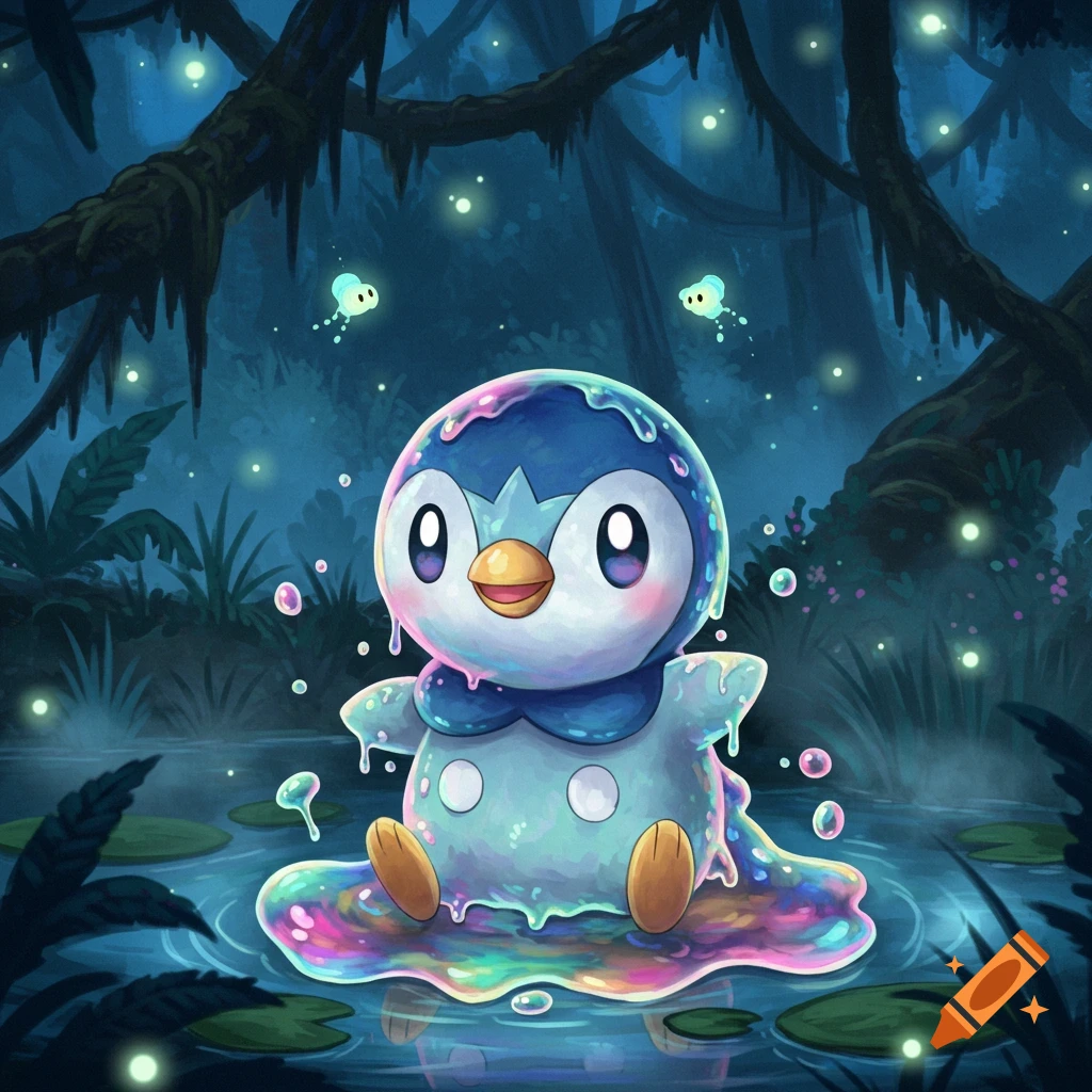 A cute Piplup-like creature covered in colorful slime sits in a dark, glowing swamp with lily pads.