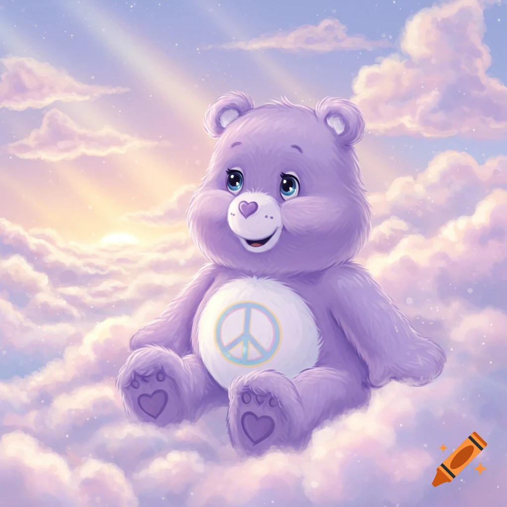 A cute purple Care Bear with a peace symbol on its belly sits on fluffy clouds in a dreamy, sunlit sky.