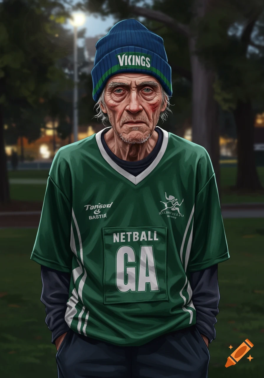 A stoic elderly man with a scab on his cheek wears a blue beanie with "VIKINGS" and a green netball jersey over a dark long-sleeved shirt.