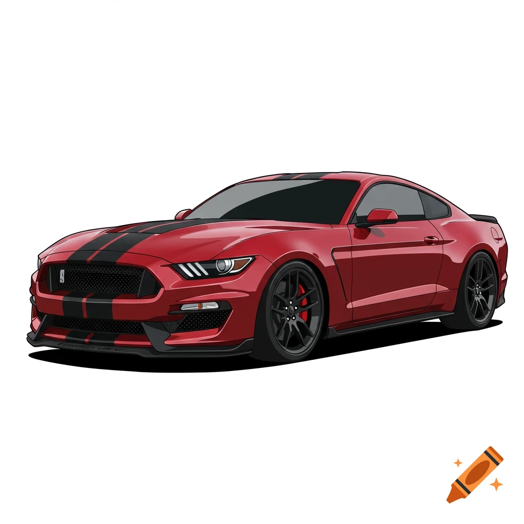 Cartoon-style illustration of a ruby red Ford Mustang Shelby GT350 with black racing stripes on a plain white background.