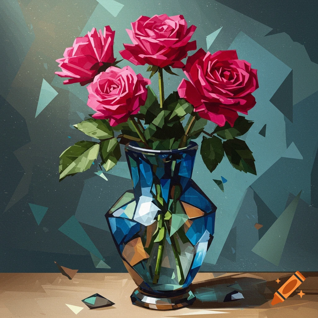 A cubist painting of a bouquet of pink roses in a faceted blue vase.