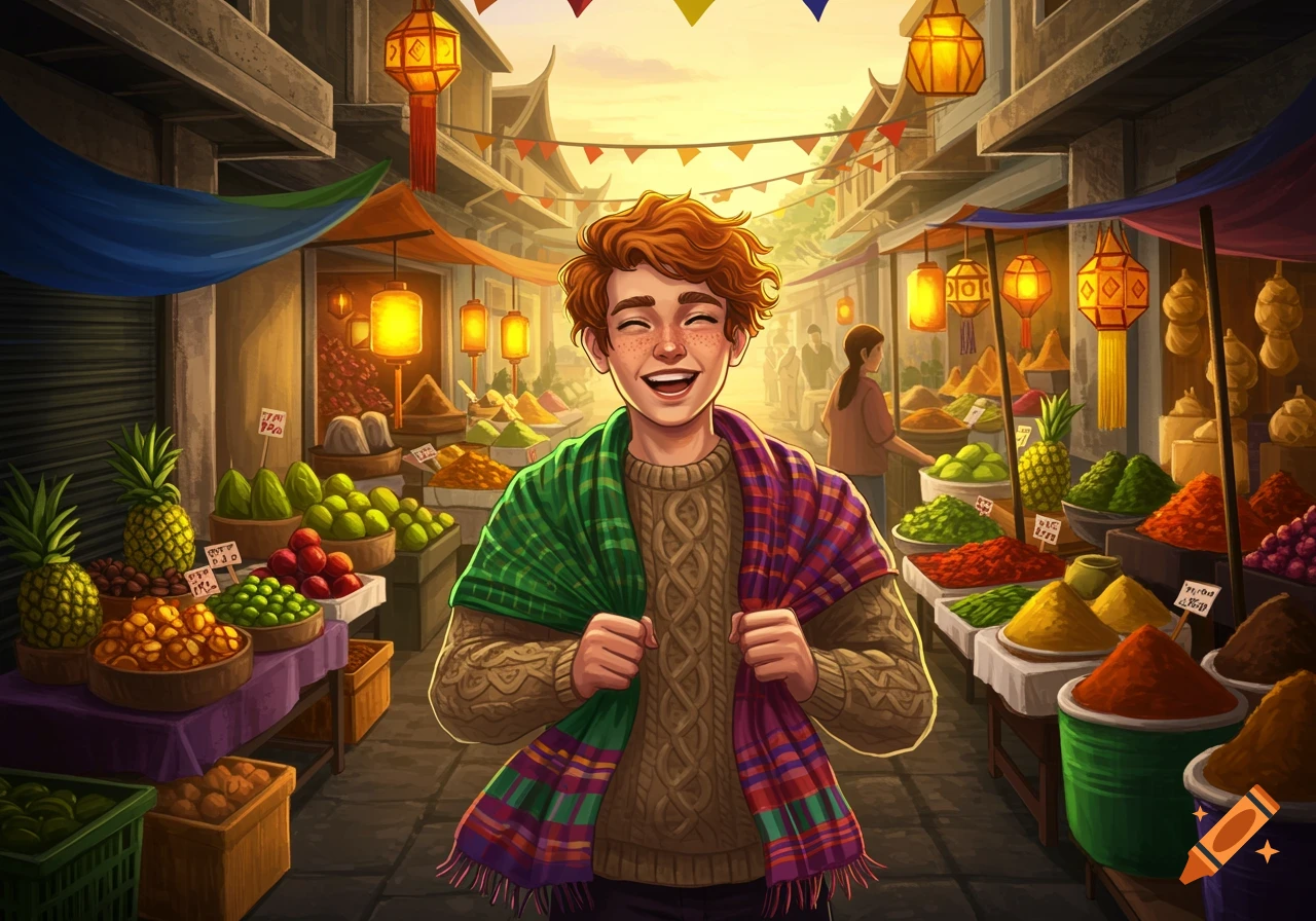 A happy red-haired boy with a scarf smiles in a vibrant market with colorful goods and lanterns, illustration style.