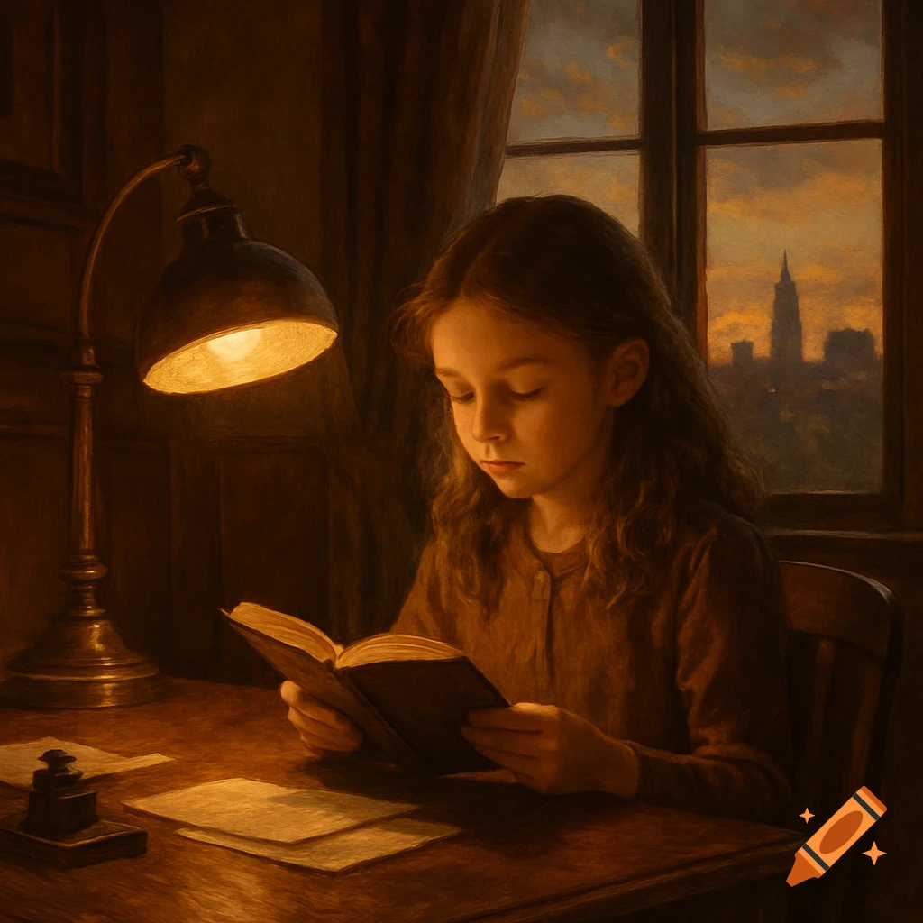 A young girl with long hair reads a book at a wooden desk under the warm light of a lamp, with a city skyline visible through a window at dusk.