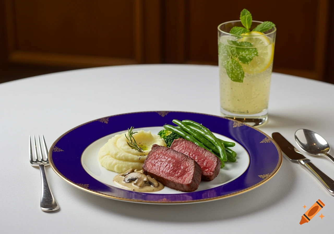 A gourmet meal featuring sliced steak, mashed potatoes, green beans, and mushroom sauce on a blue and gold plate, with a lemon-mint drink.