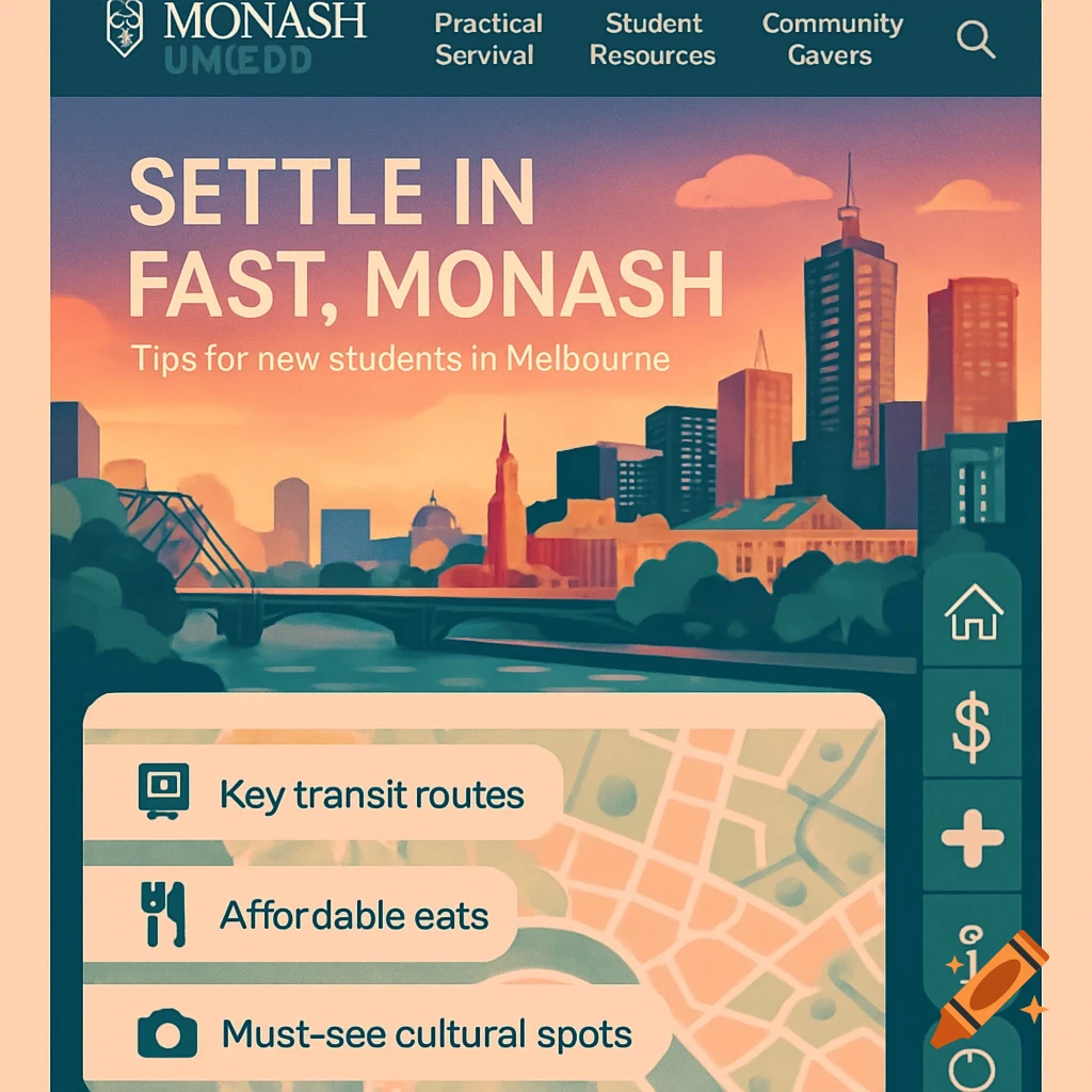 A colorful website screenshot with a city skyline at sunset. The main title reads "SETTLE IN FAST, MONASH" with "Tips for new students in Melbourne". Below are sections for "Key transit routes", "Affordable eats", and "Must-see cultural spots".
