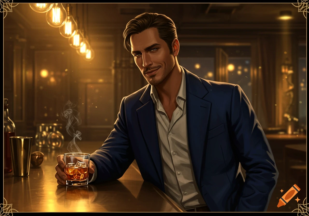 A handsome man in a blue suit jacket and open-collar shirt holds a glass of whiskey at a dimly lit bar, smiling at the viewer.
