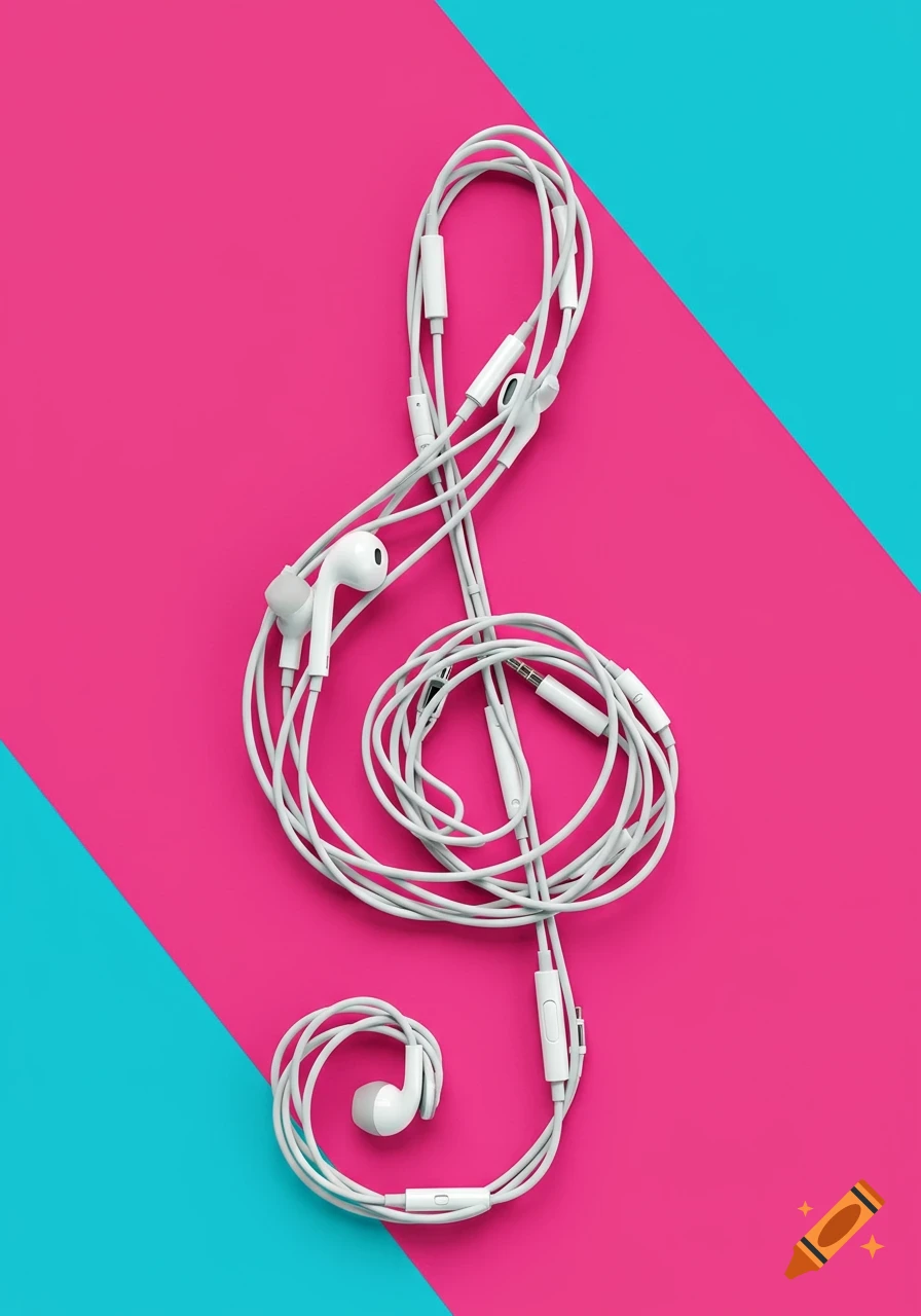 White wired earbuds arranged into a treble clef on a vibrant pink and blue split background.