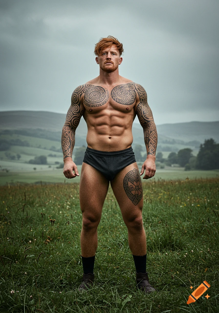 A photorealistic image of a muscular man with red hair and elaborate tattoos, standing in a grassy field with hills under a cloudy sky.