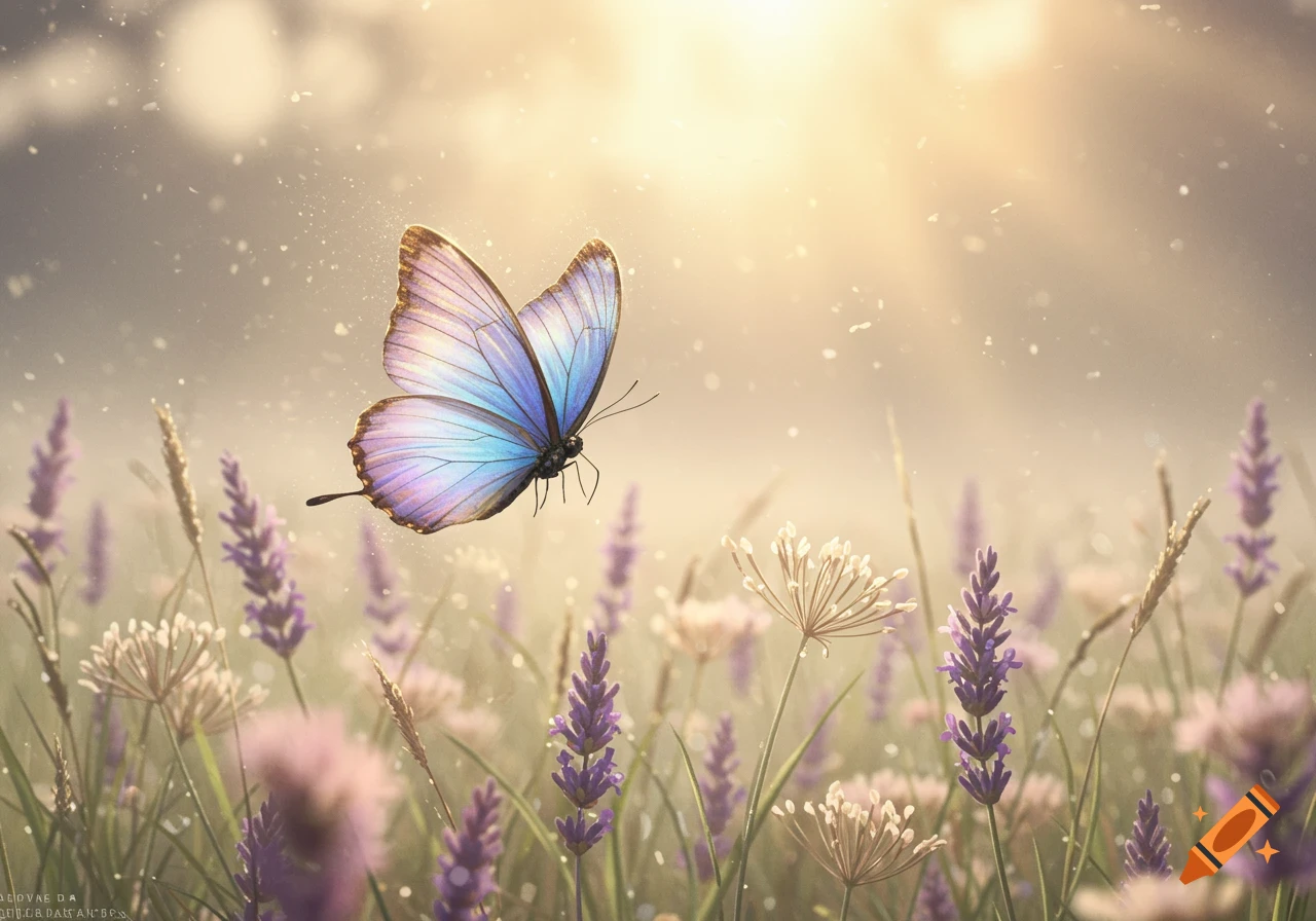A blue and purple butterfly floats above a field of purple lavender flowers under golden sunlight, with light particles in the air.