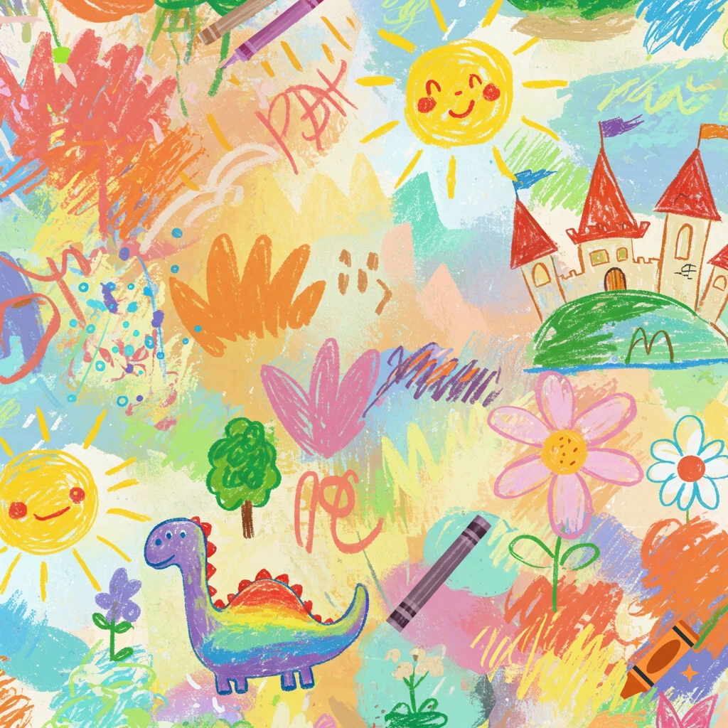 A colorful, busy seamless pattern in the style of children's crayon drawings, featuring suns, a castle, a rainbow dinosaur, flowers, and trees.