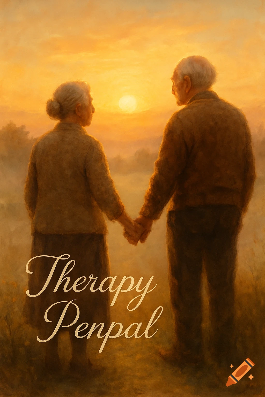 Painting of an elderly couple holding hands, silhouetted against a golden sunset, with "Therapy Penpal" written below.