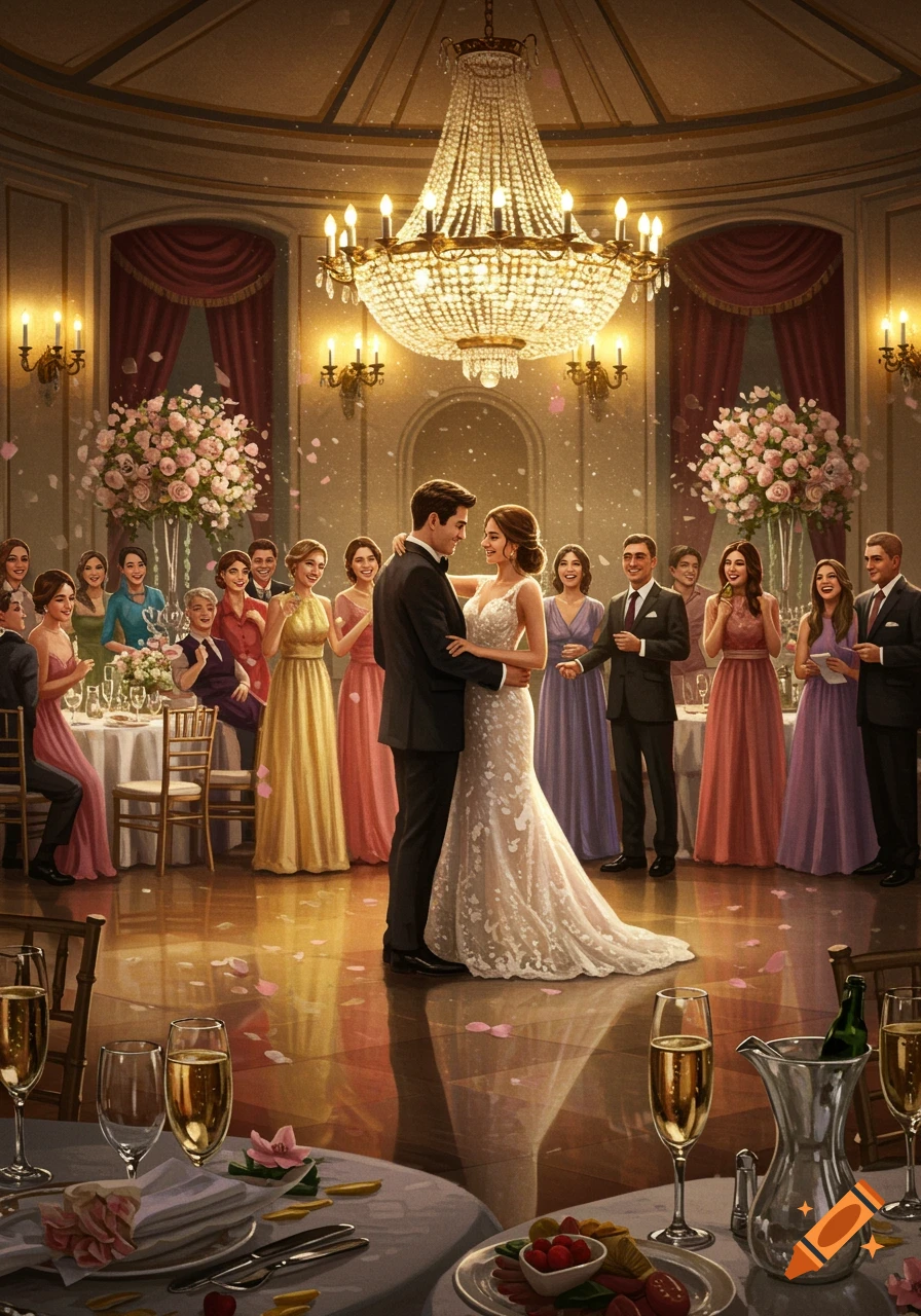A hyperrealistic image of a bride and groom dancing at their wedding reception in a grand ballroom with guests.