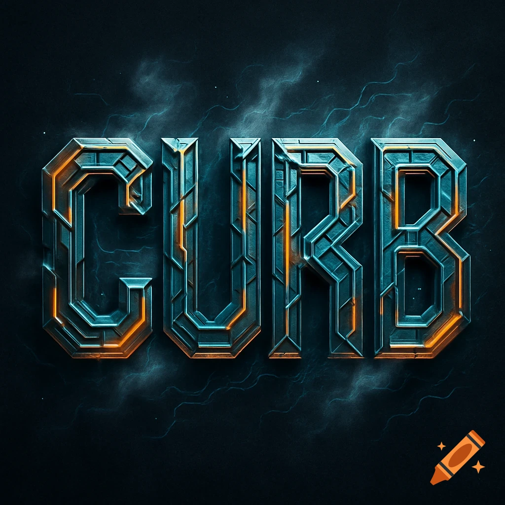 The word CURB in glowing, metallic, robotic letters on a dark, textured background.