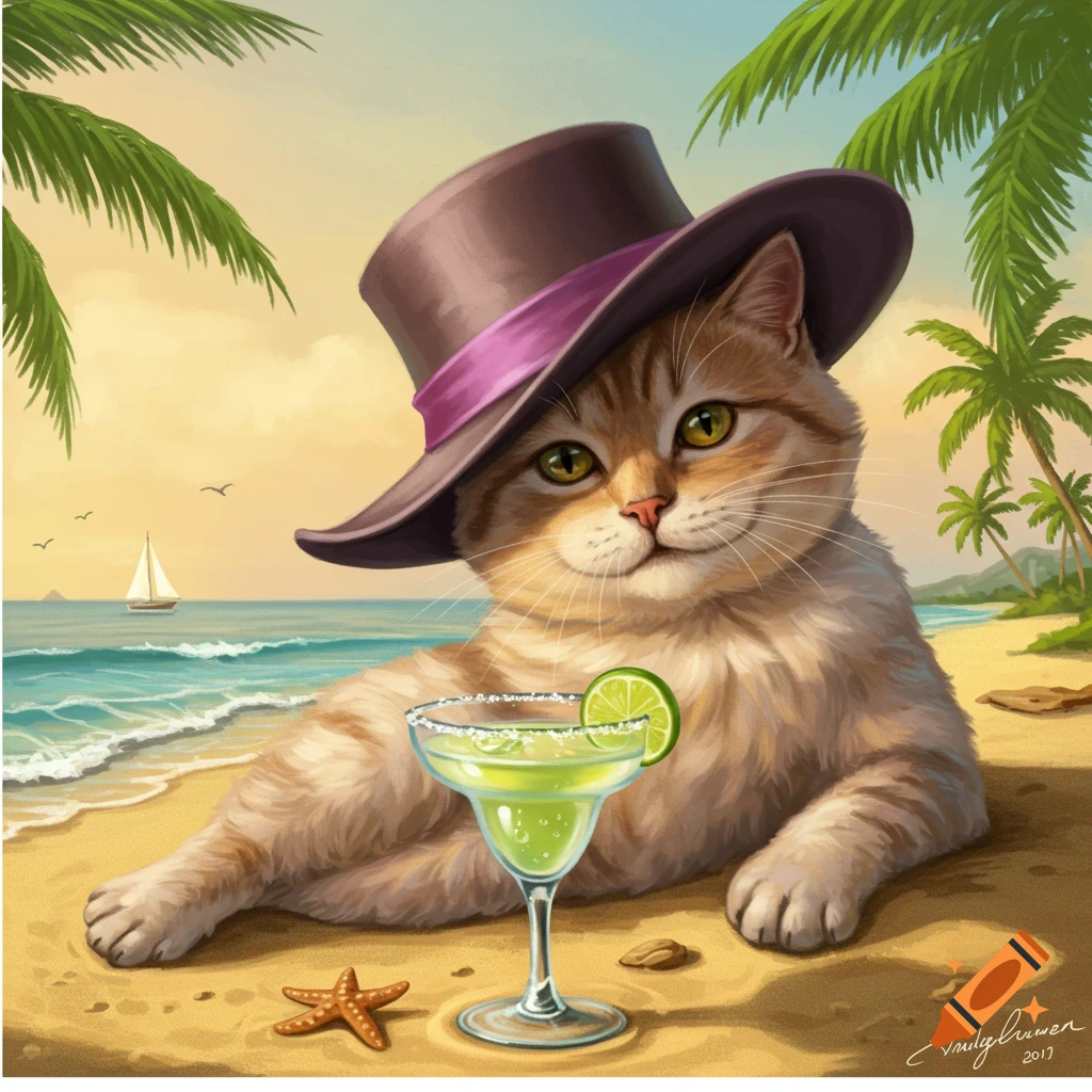 A cat wearing a top hat reclines on a sunny beach next to a margarita glass with a lime.