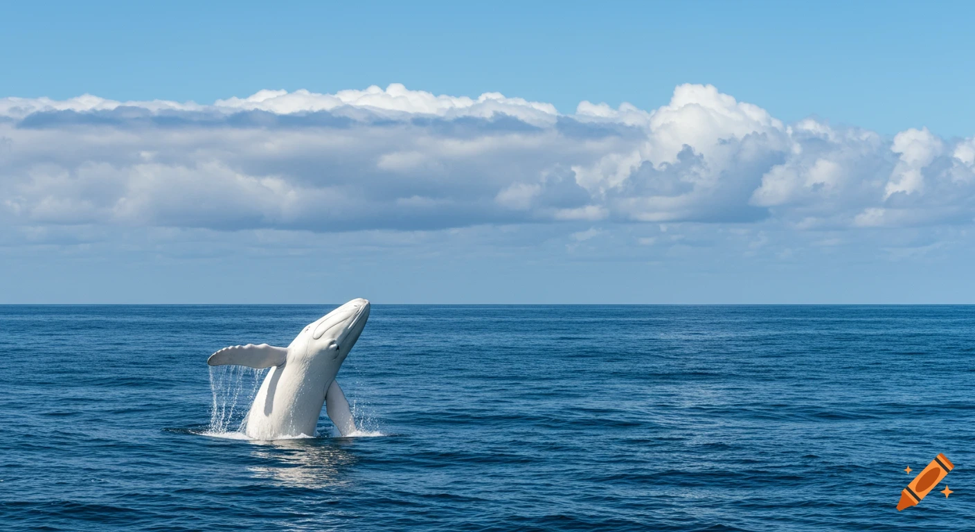A white whale breaches out of deep blue ocean water under a partly cloudy sky.