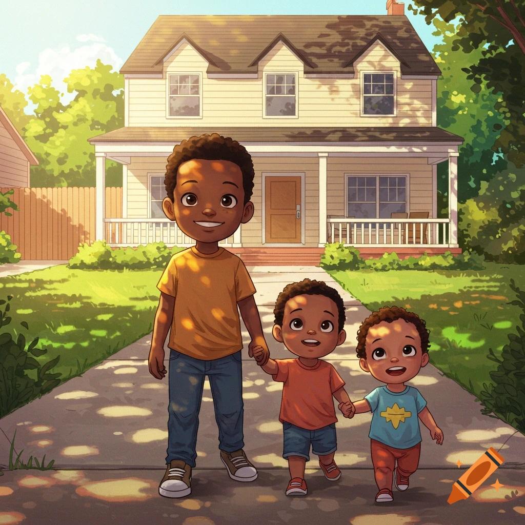 Three cartoon Black boys holding hands walk on a sunny sidewalk towards a suburban house with a welcoming porch.