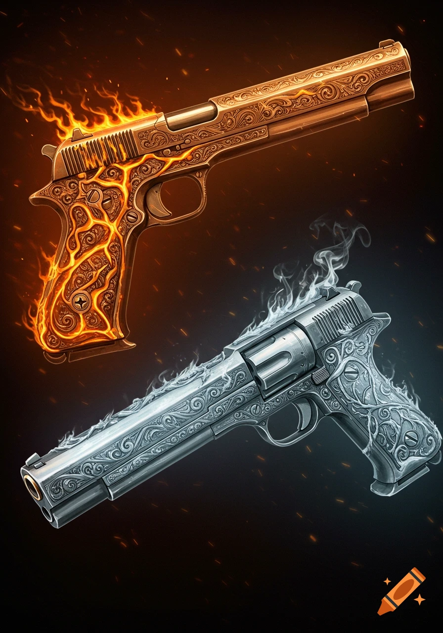 Two ornate pistols, one gold with fire, one silver with smoke and ice, on a dark background.