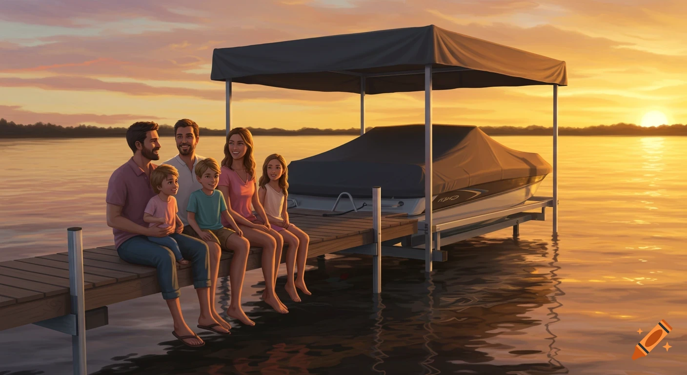 A happy family sits on a wooden dock by a lake at sunset, with a covered boat on a lift nearby. The scene is calm and warm.