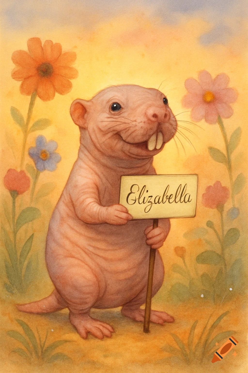 A smiling naked mole rat holds a wooden sign that says 'Elizabella' amidst a field of colorful flowers, rendered in a watercolor style.
