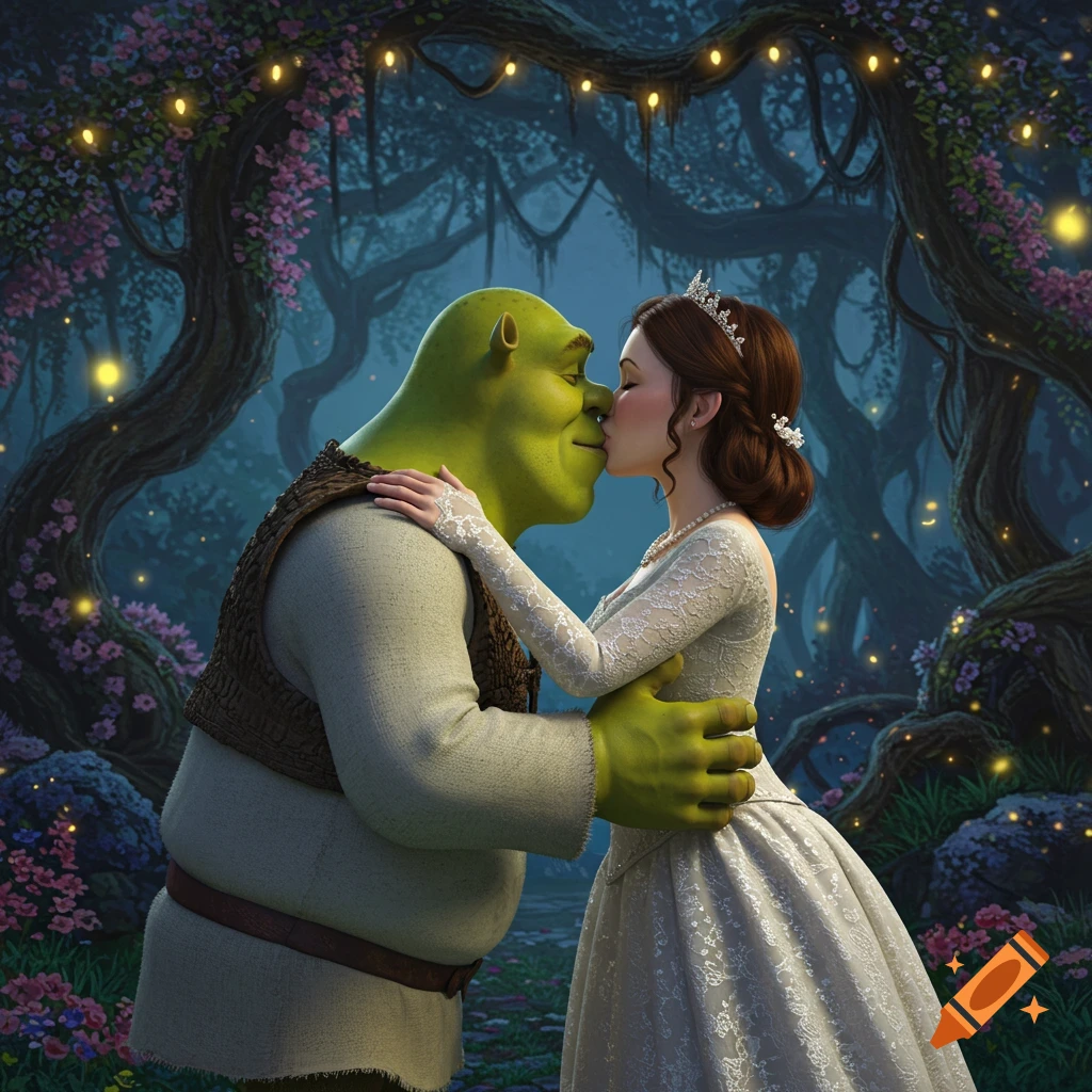 Shrek kisses a woman in a white wedding dress in a magical forest with glowing lights.