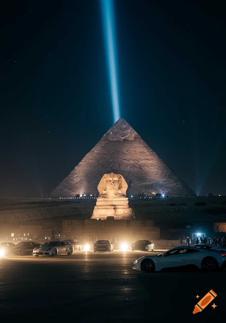 Cinematic night view of the Great Pyramid and Sphinx lit by spotlights, with a blue beam reaching the sky. Luxury supercars are parked in the foreground.