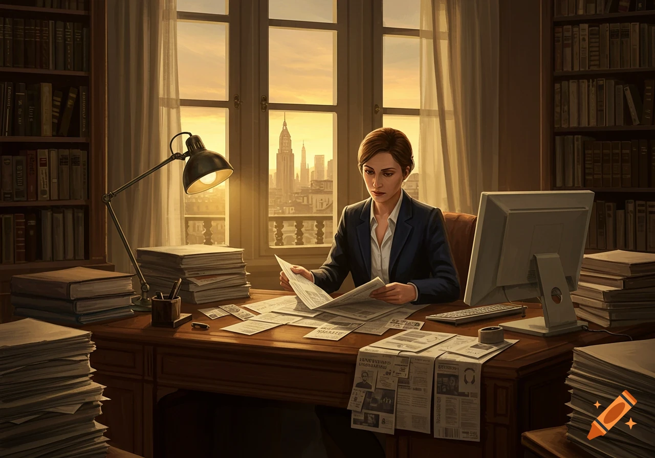 A professional woman in a dark suit reads papers at a large wooden desk filled with documents and books, bathed in warm sunlight from a large window overlooking a cityscape at sunset.