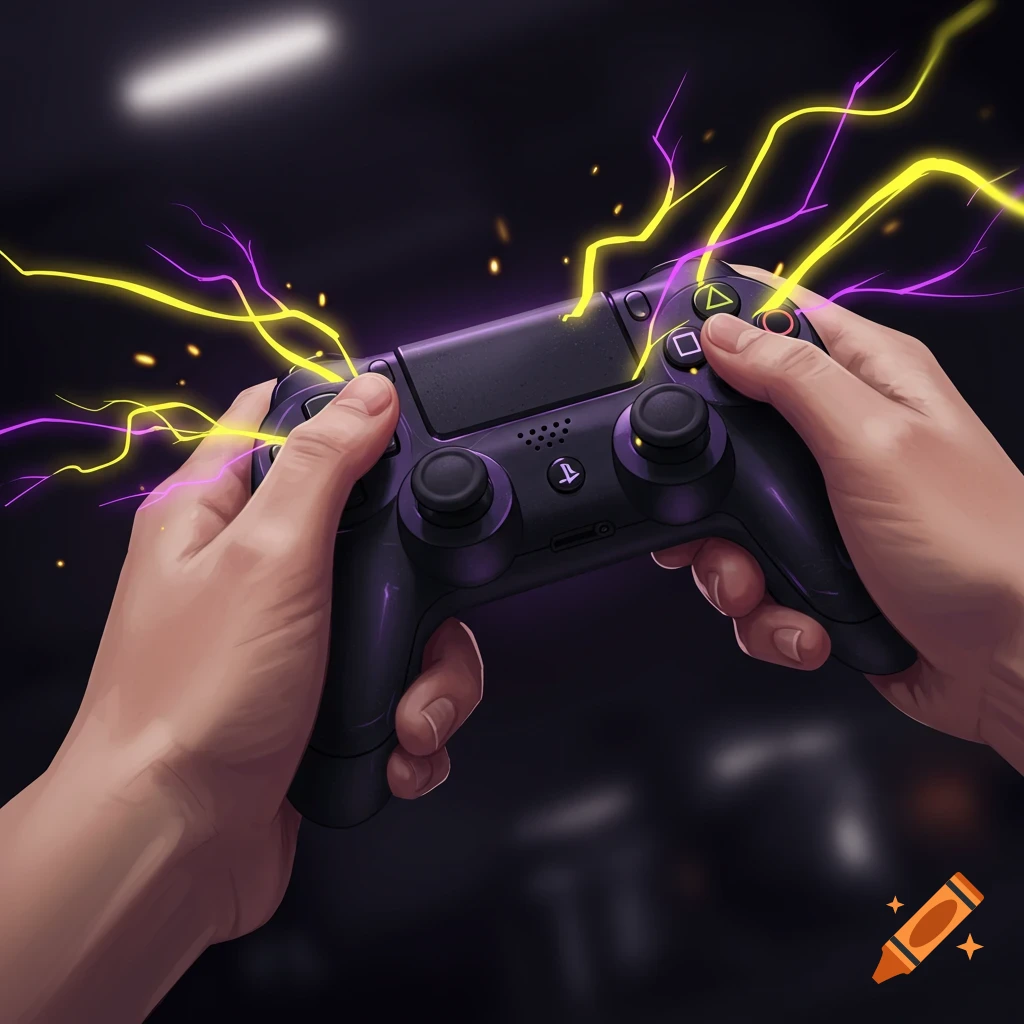 Two hands hold a black video game controller with yellow and purple lightning bolts.