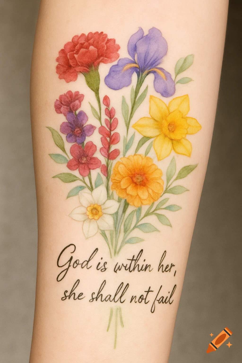 A colorful watercolor-style tattoo of a bouquet of flowers and the text "God is within her, she shall not fail" on a forearm.
