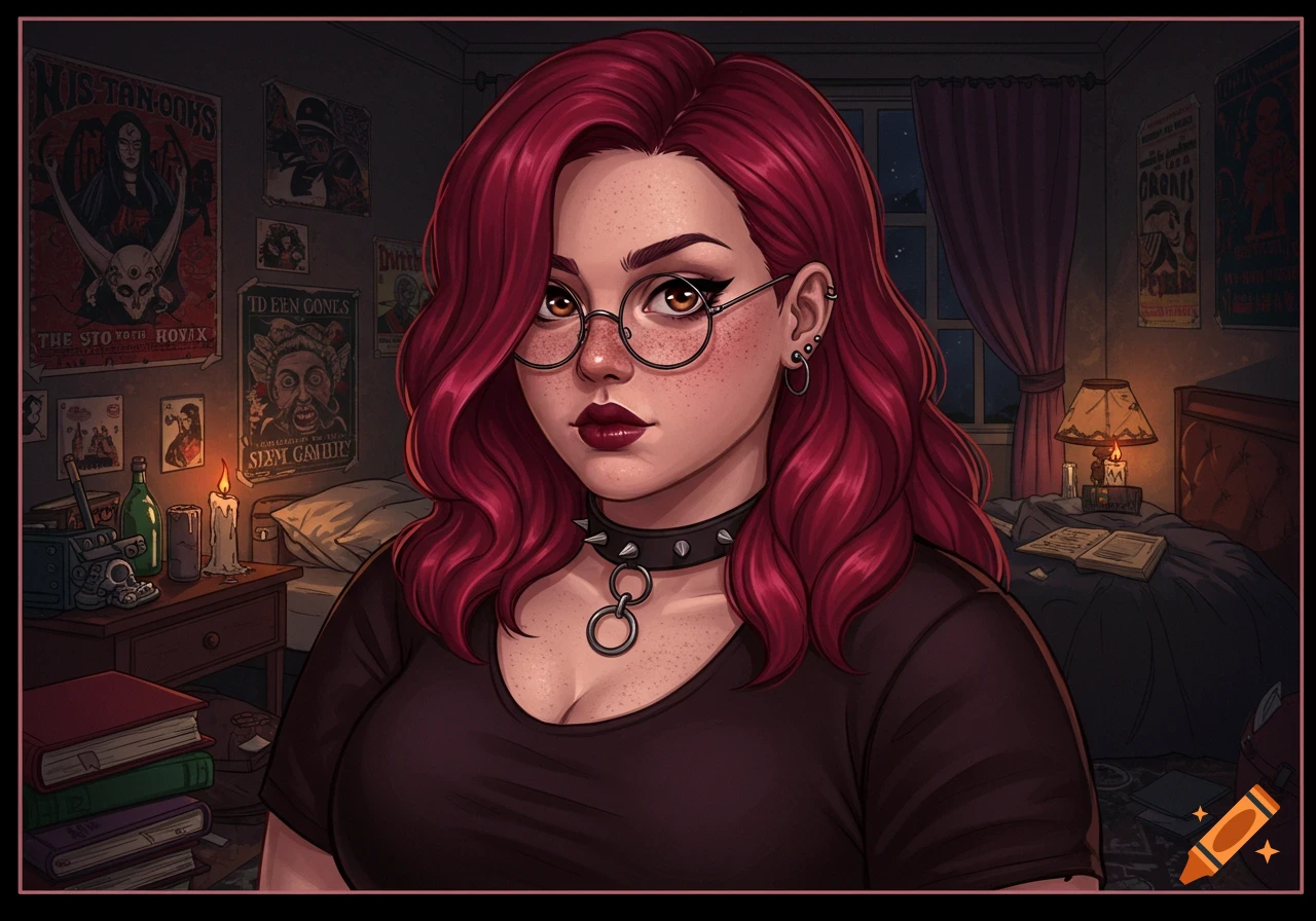 A Western anime-style portrait of a woman with cherry red hair, glasses, freckles, and a spiked choker, sitting in a dark bedroom with posters.