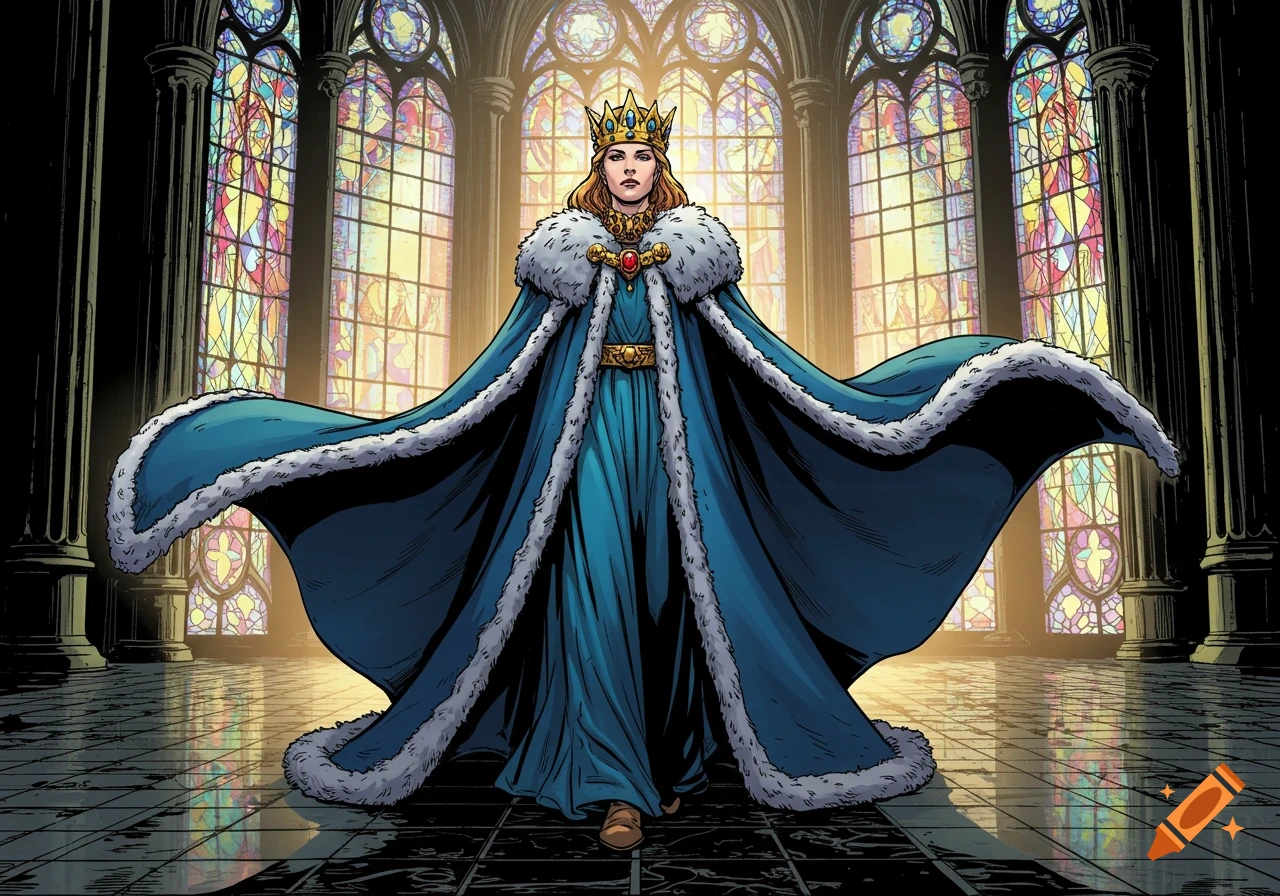 A comic book style illustration of a queen in a blue royal robe and crown, standing in a grand hall with stained glass windows.