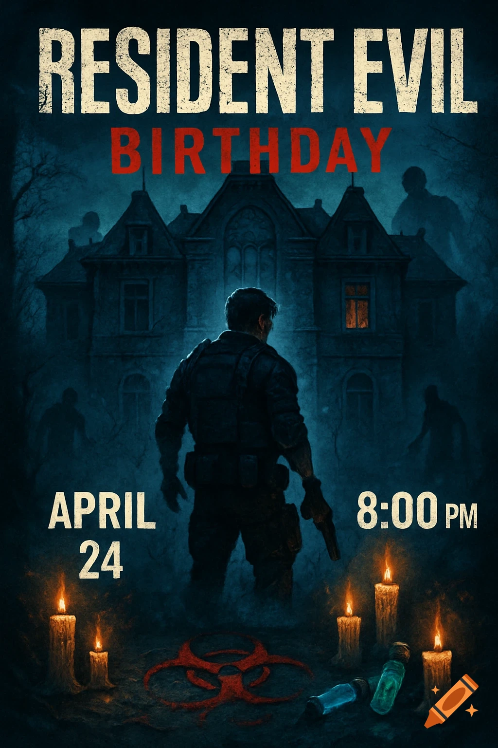 Resident Evil themed birthday poster with a character facing a haunted mansion, zombies, biohazard symbol, candles, and event details.