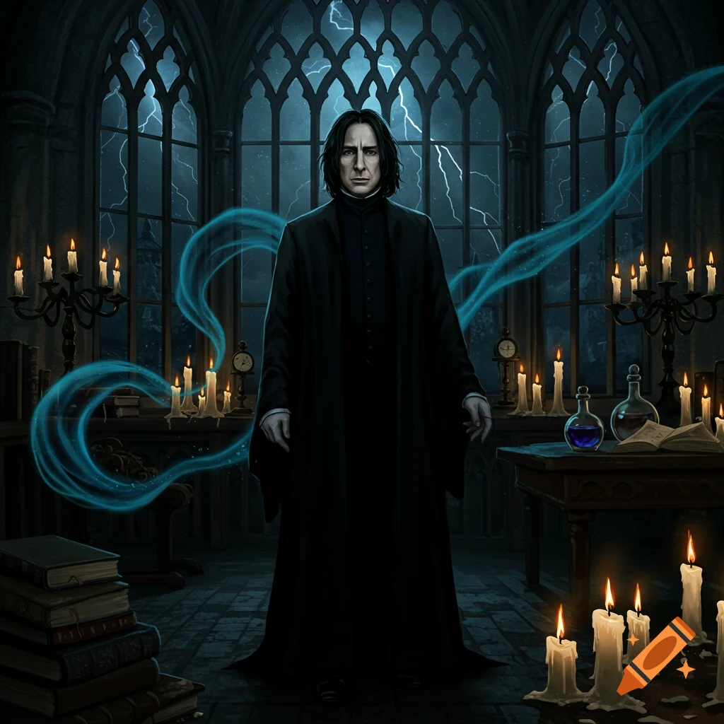 Severus Snape stands in a gothic room filled with candlelight and blue magical energy, as lightning flashes outside the large windows.
