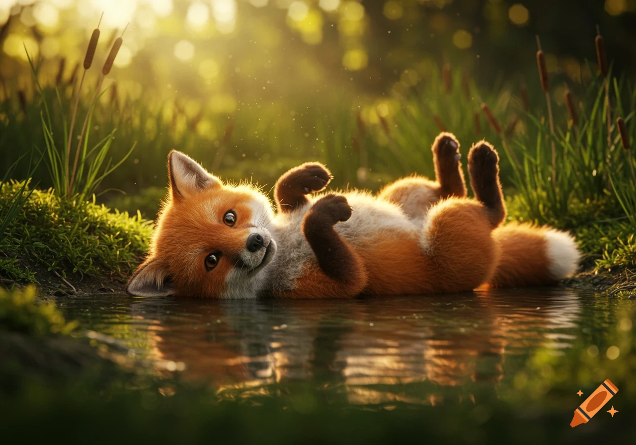 A cute, photorealistic fox pup lies on its back in a shallow pond at sunset, looking playfully at the viewer.