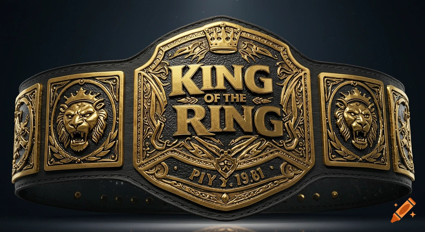 A detailed golden and black wrestling championship belt for the "King of the Ring" tournament, with lion head designs and ornate patterns.