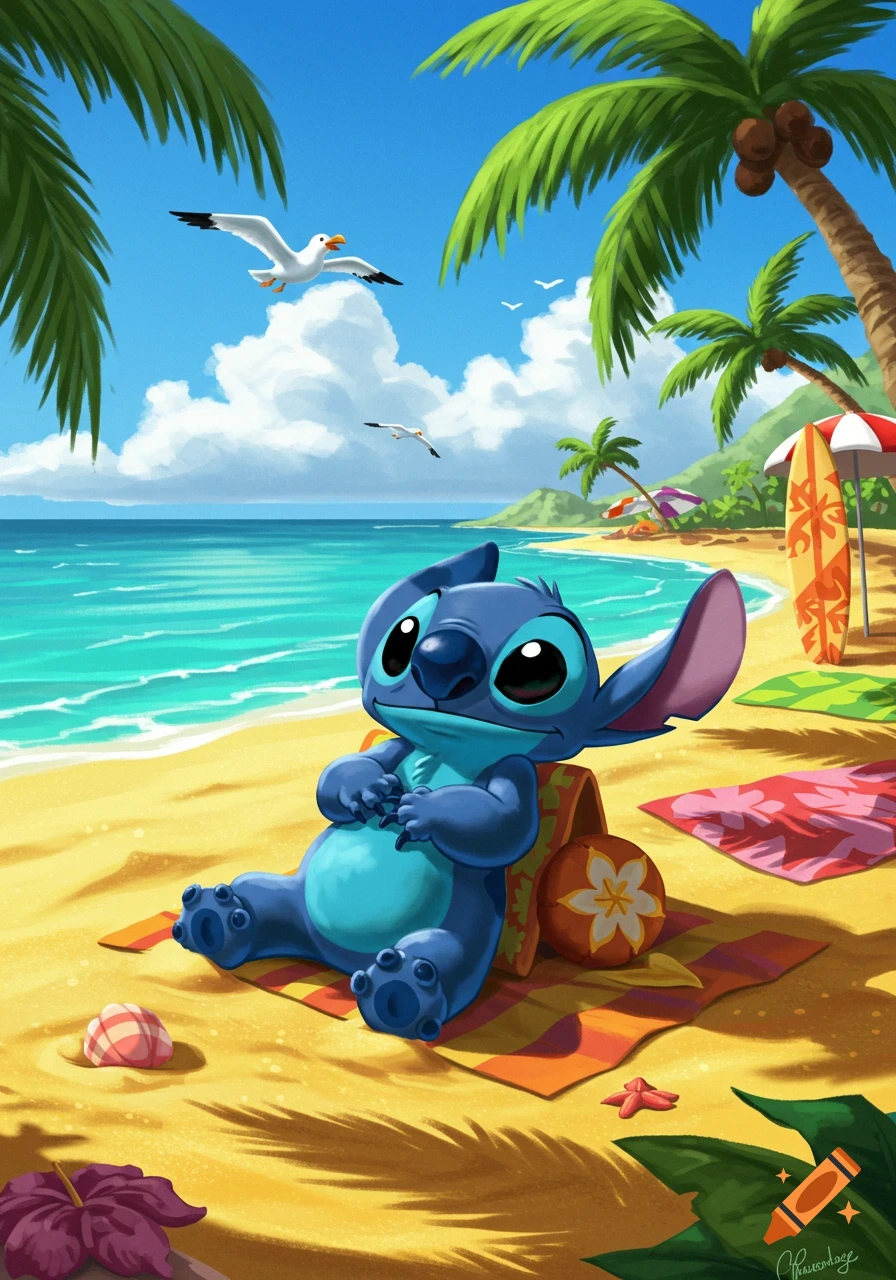 Stitch, the blue alien character, relaxing on a sandy beach under palm trees by the turquoise ocean, in a vibrant cartoon style.