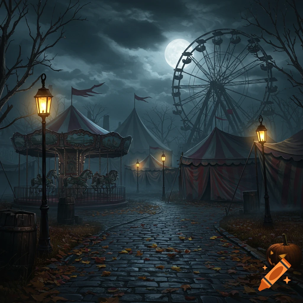 A spooky night carnival scene with a carousel, Ferris wheel, glowing streetlights, and a full moon.
