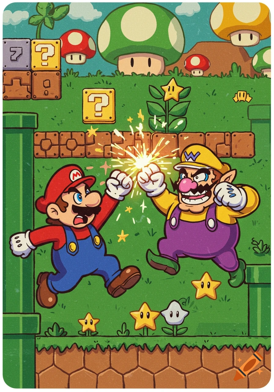 Cartoon illustration of Mario and Wario fighting, surrounded by question mark blocks, mushrooms, pipes, and stars in a pixelated green landscape.