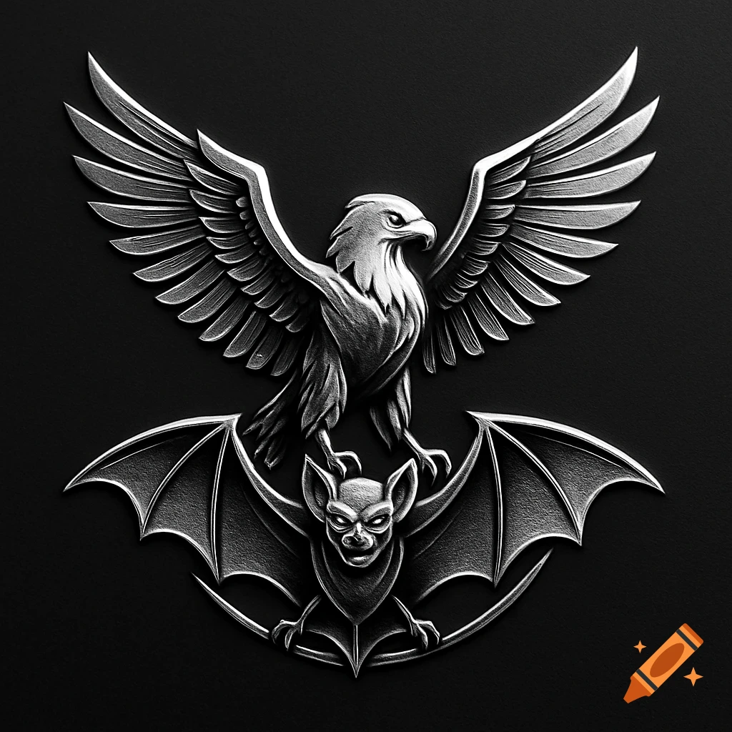 Silver embossed logo featuring an eagle with spread wings standing on a stylized vampire bat against a dark background.