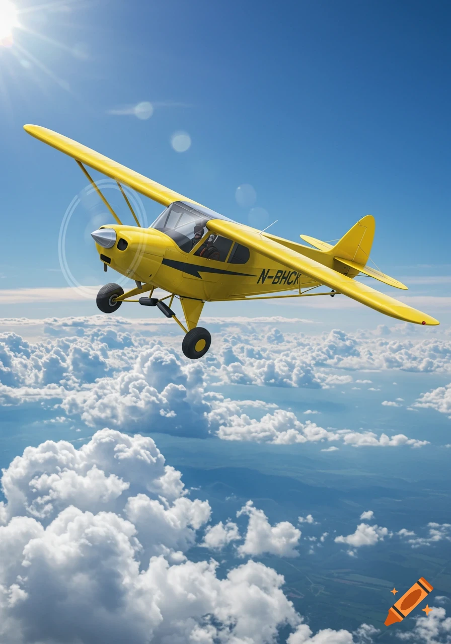 A yellow single-engine airplane flies above white clouds in a bright blue sky.