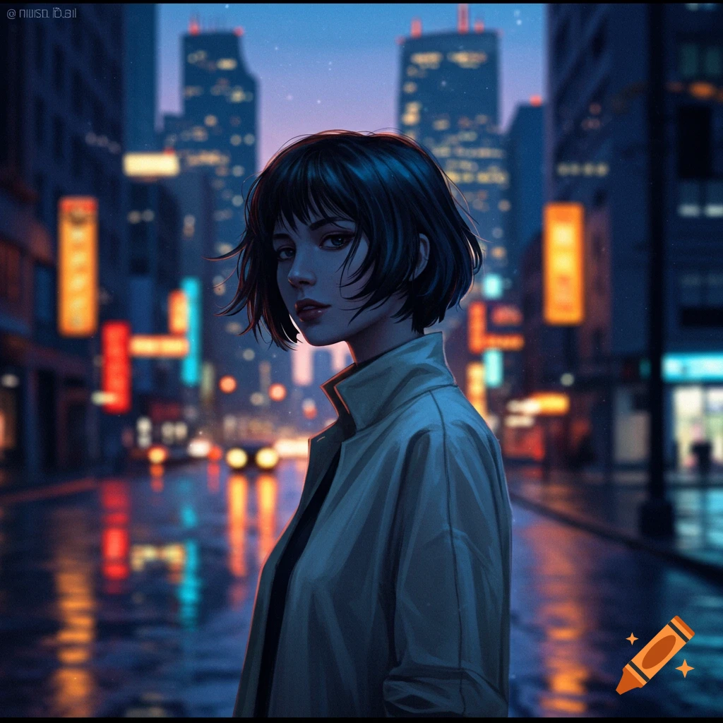 An illustrated portrait of a short-haired woman in a trench coat, standing on a wet city street at night with neon lights reflecting around her.