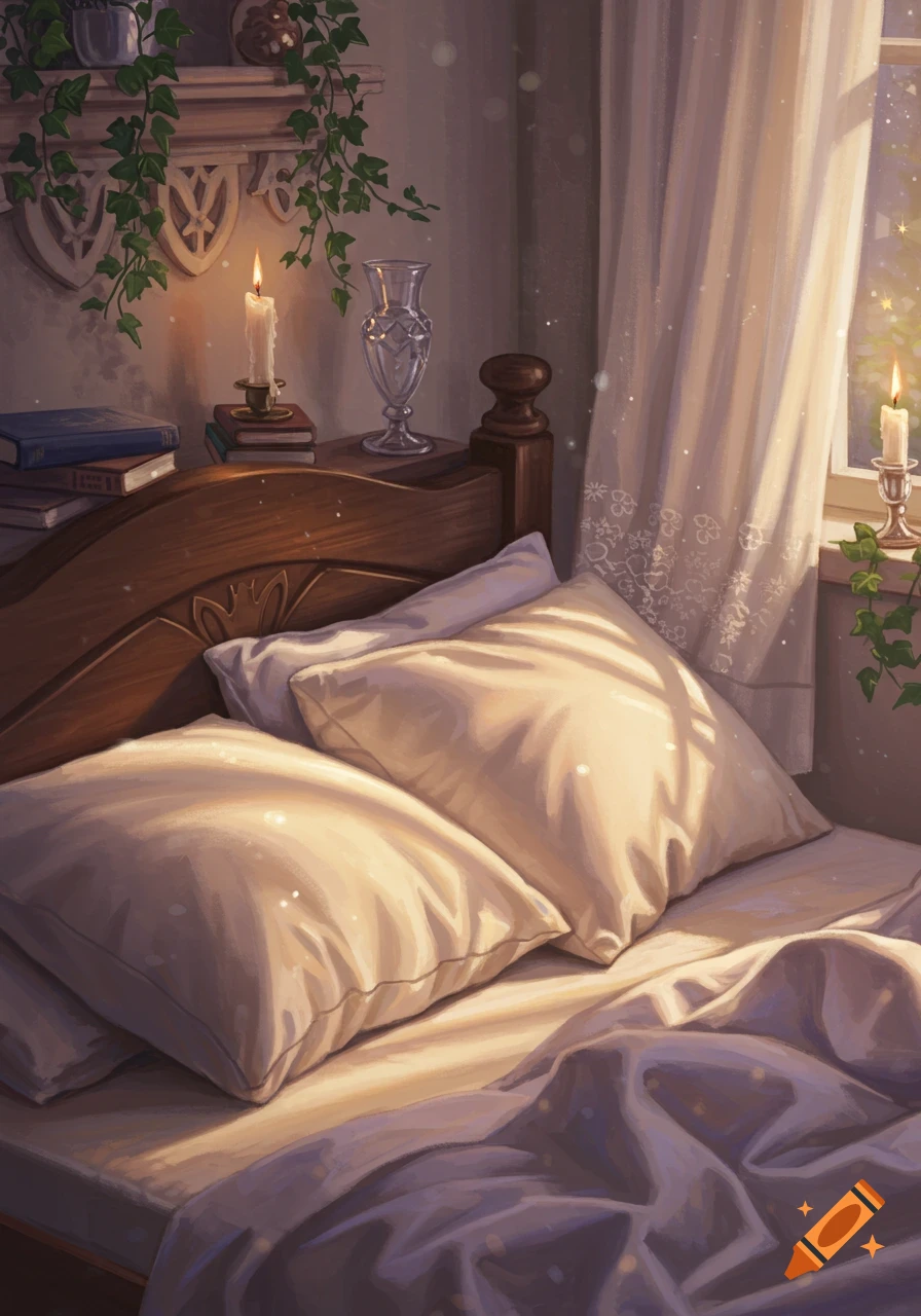 A cozy bedroom with a wooden bed, white bedding, and lit candles on a nightstand, with sunlight streaming through a window.