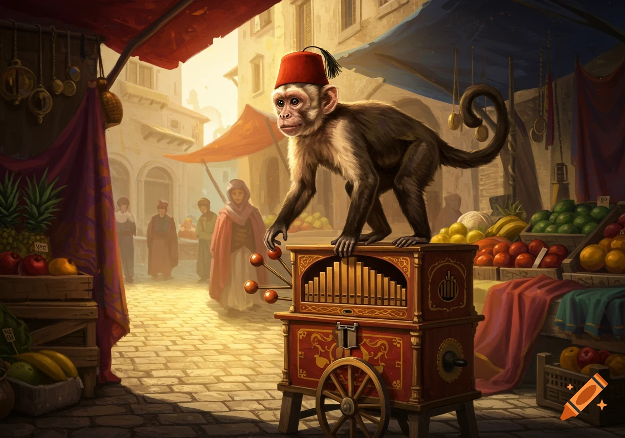 A capuchin monkey wearing a red fez stands on an organ grinder in a bustling market street filled with fruit stalls.