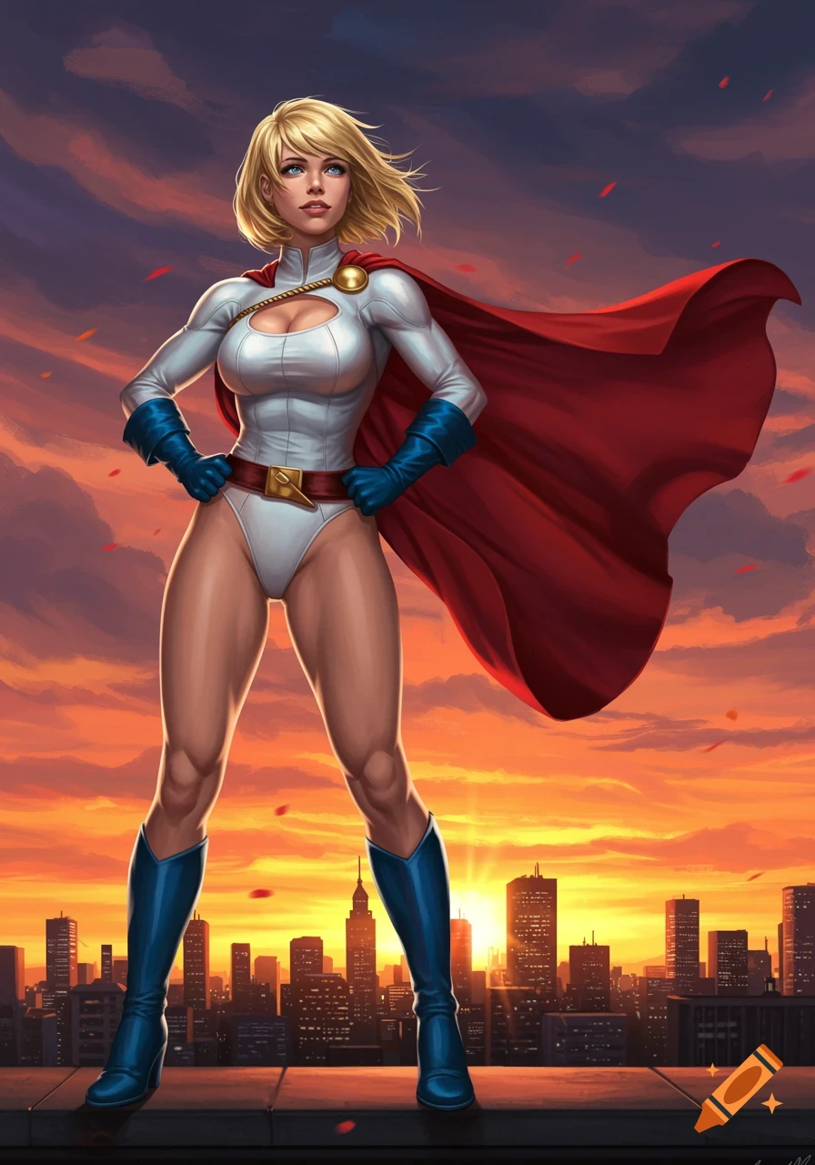 Power Girl stands heroically on a rooftop at sunset, hands on hips, overlooking a cityscape in a detailed comic book illustration.