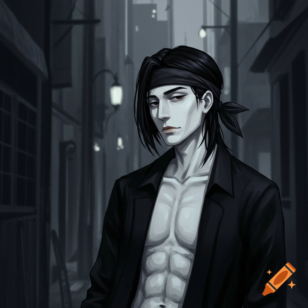 An anime-style man with a black bandana and open black shirt showing abs stands in a dark alley.