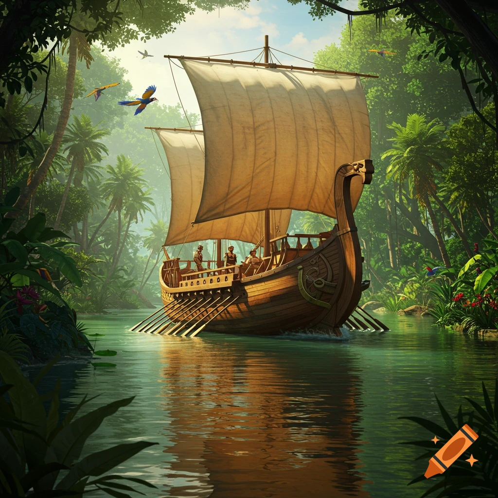 A wooden sailboat with large sails and oars navigates a lush tropical river, surrounded by dense jungle and palm trees under a sunny sky.