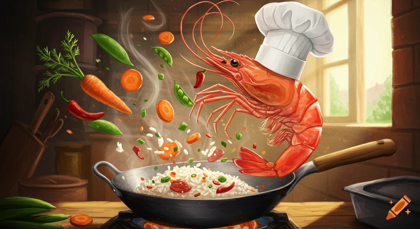 An anthropomorphic shrimp wearing a chef hat cooks fried rice with floating vegetables in a wok.