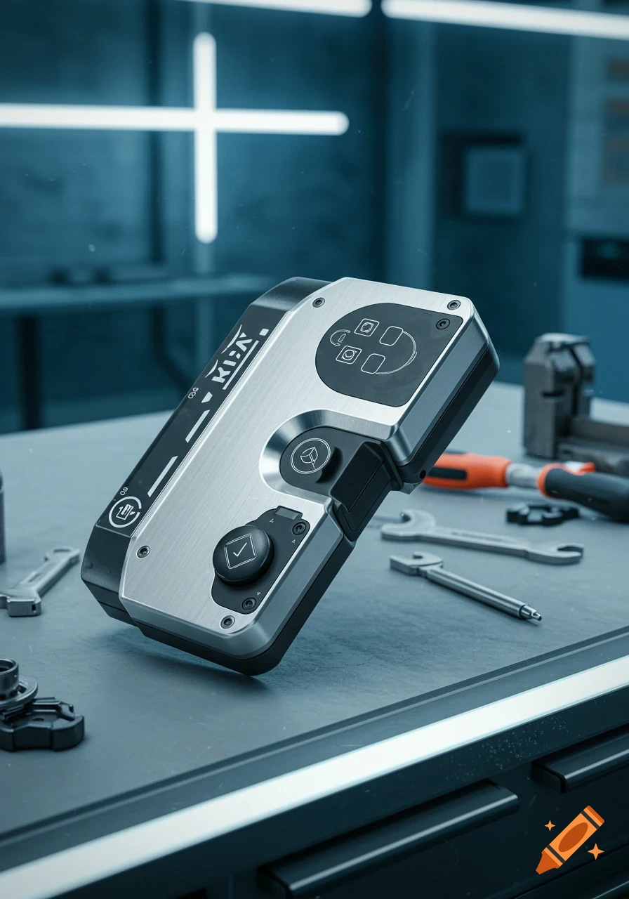 Close-up photorealistic shot of a futuristic device with buttons and a brushed metal finish, surrounded by various tools on a workbench.
