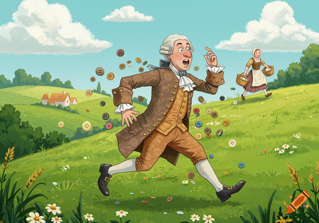 A whimsical cartoon depicts an 18th-century man with buttons flying off his clothes, running uphill, while a milkmaid walks behind him.