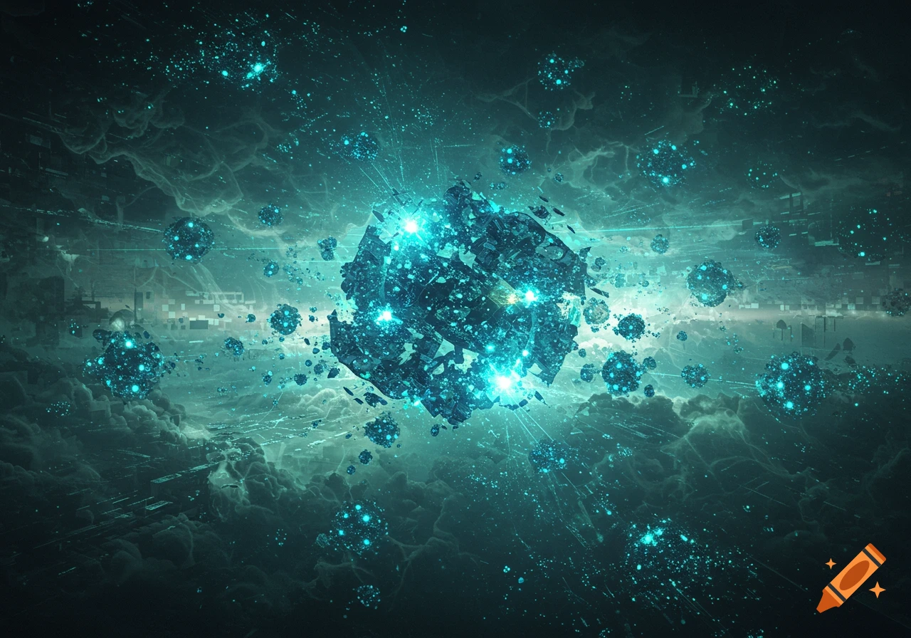 A large, glowing, fragmented teal sphere surrounded by smaller glowing spheres, set against a dark, cloudy, abstract background.